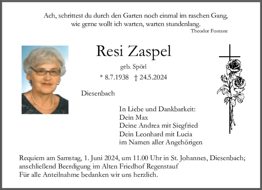  Traueranzeige für Resi Zaspel vom 28.05.2024 aus Mittelbayerische Zeitung Regensburg