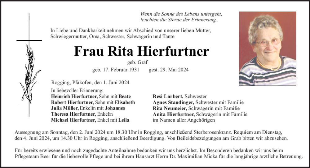  Traueranzeige für Rita Hierfurtner vom 01.06.2024 aus Mittelbayerische Zeitung Regensburg
