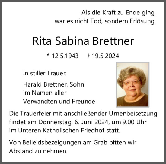 Traueranzeige von Rita Sabina Brettner von Mittelbayerische Zeitung Regensburg