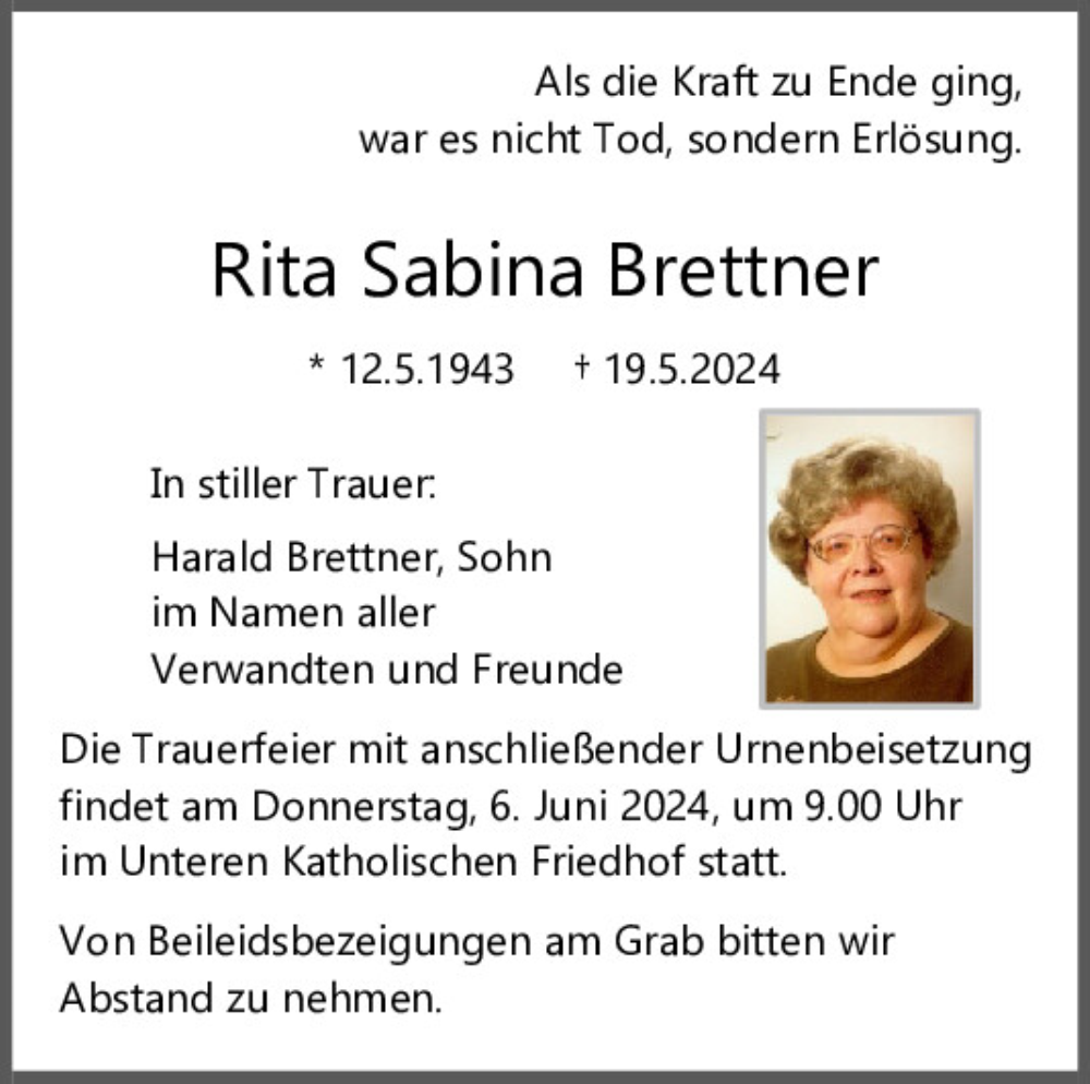  Traueranzeige für Rita Sabina Brettner vom 01.06.2024 aus Mittelbayerische Zeitung Regensburg