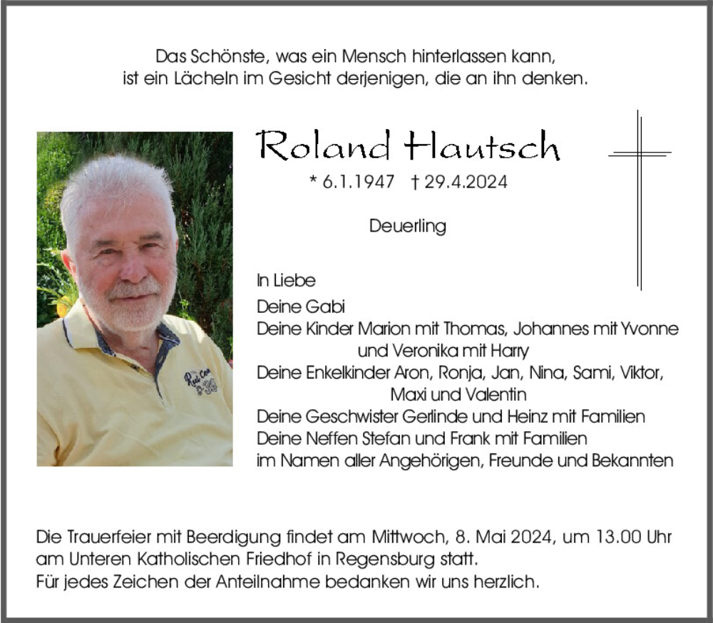 Traueranzeige für Roland Hautsch vom 04.05.2024 aus Mittelbayerische Zeitung Regensburg