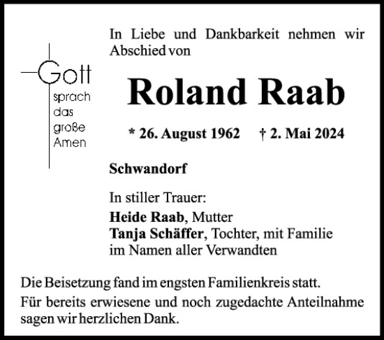 Traueranzeige von Roland Raab von Mittelbayerische Zeitung Schwandorf