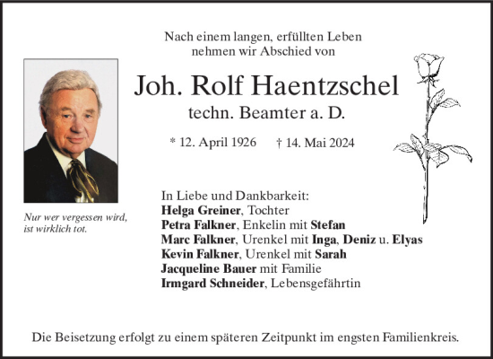 Traueranzeige von Rolf Haentzschel von Mittelbayerische Zeitung Schwandorf