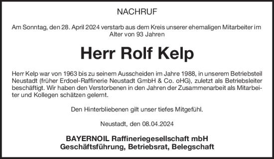 Traueranzeige von Rolf Kelp von Mittelbayerische Zeitung Kelheim