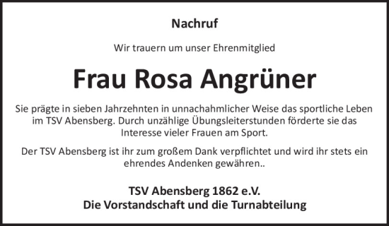 Traueranzeige von Rosa Angrüner von Mittelbayerische Zeitung Kelheim