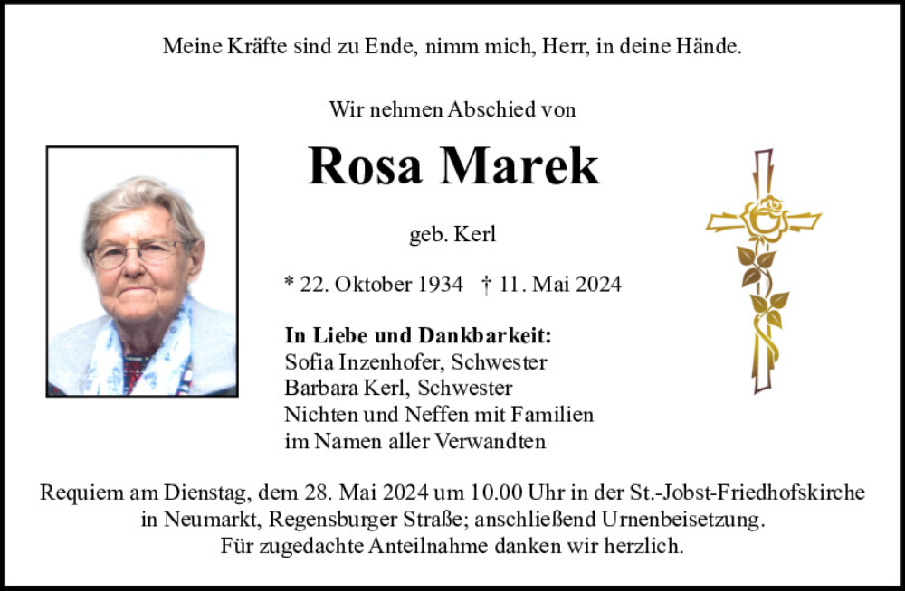  Traueranzeige für Rosa Marek vom 25.05.2024 aus Neumarkter Tagblatt