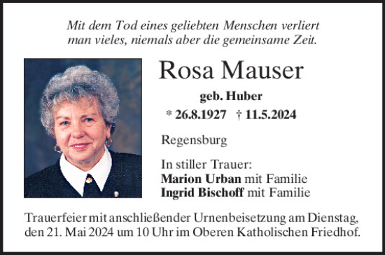 Traueranzeige von Rosa Mauser von Mittelbayerische Zeitung Regensburg