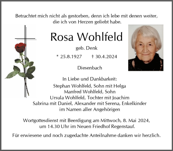 Traueranzeige von Rosa Wohlfeld von Mittelbayerische Zeitung Regensburg
