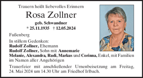 Traueranzeige von Rosa Zollner von Mittelbayerische Zeitung Regensburg