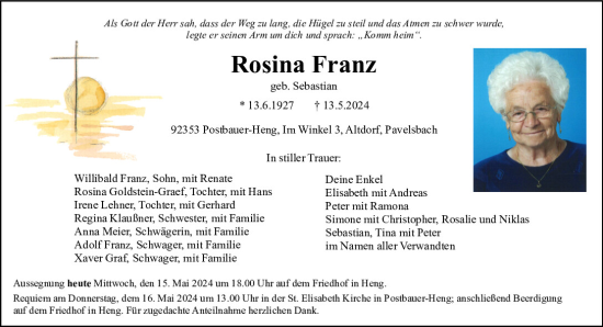 Traueranzeige von Rosina Franz von Neumarkter Tagblatt
