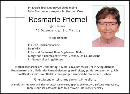Traueranzeige von Rosmarie Friemel von Mittelbayerische Zeitung Regensburg