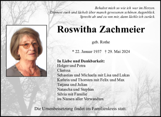 Traueranzeige von Roswitha Zachmeier von Neumarkter Tagblatt