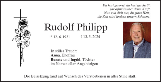 Traueranzeige von Rudolf Philipp von Mittelbayerische Zeitung Regensburg