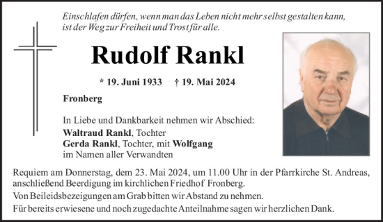 Traueranzeige von Rudolf Rankl von Mittelbayerische Zeitung Schwandorf