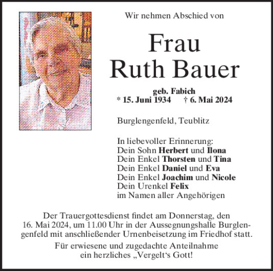 Traueranzeige von Ruth Bauer von Mittelbayerische Zeitung Schwandorf