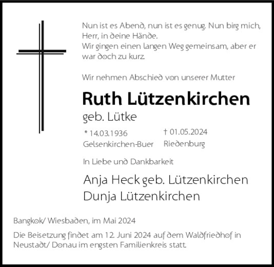 Traueranzeige von Ruth Lützenkirchen von Mittelbayerische Zeitung Kelheim