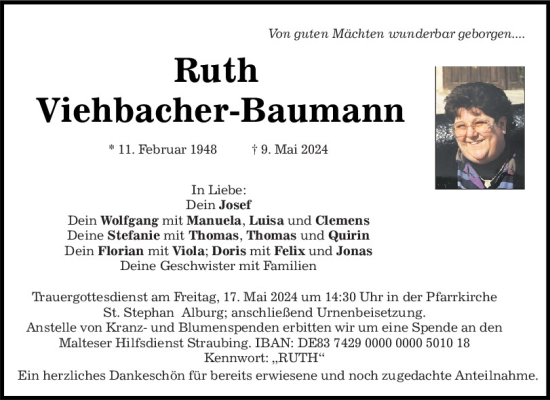 Traueranzeige von Ruth Viehbacher-Baumann von Mittelbayerische Zeitung Regensburg
