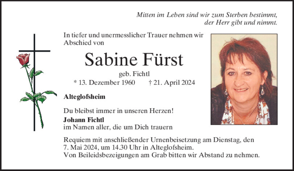  Traueranzeige für Sabine Fürst vom 04.05.2024 aus Mittelbayerische Zeitung Regensburg