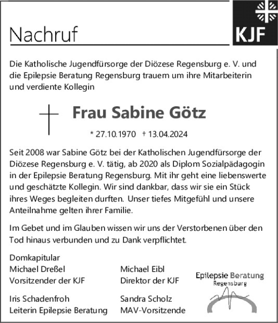 Traueranzeige von Sabine Götz von Mittelbayerische Zeitung Regensburg