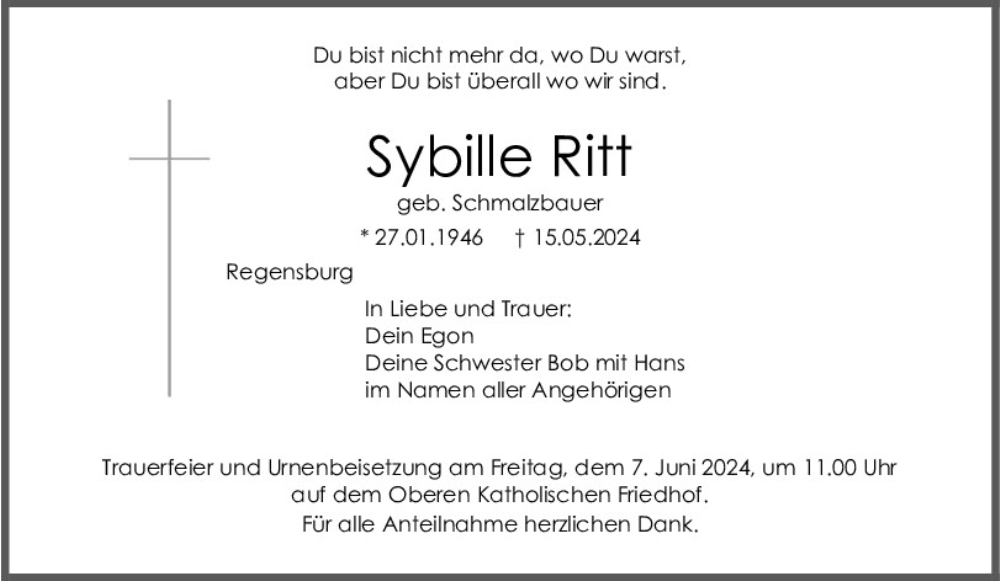  Traueranzeige für Sybille Ritt vom 01.06.2024 aus Mittelbayerische Zeitung Regensburg