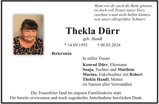 Traueranzeige von Thekla Dürr von Mittelbayerische Zeitung Kelheim