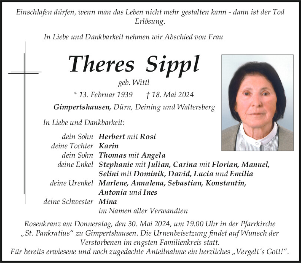  Traueranzeige für Theres Sippl vom 25.05.2024 aus Neumarkter Tagblatt