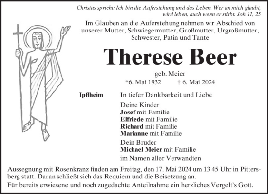 Traueranzeige von Therese Beer von Mittelbayerische Zeitung Schwandorf