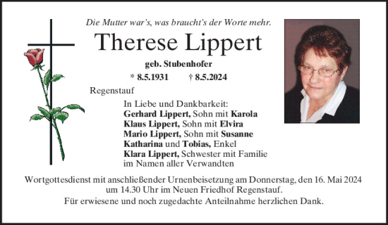 Traueranzeige von Therese Lippert von Mittelbayerische Zeitung Regensburg