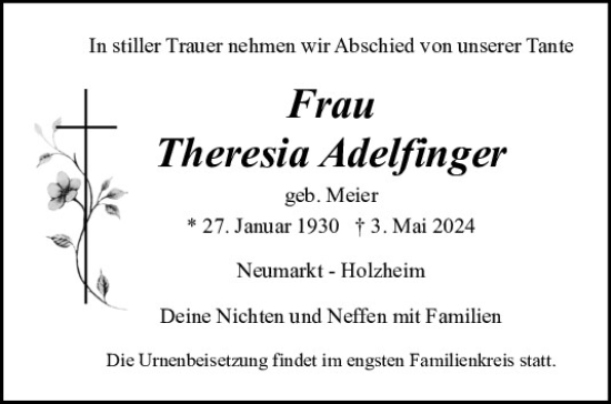 Traueranzeige von Theresia Adelfinger von Neumarkter Tagblatt