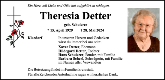 Traueranzeige von Theresia Detter von Mittelbayerische Zeitung Schwandorf