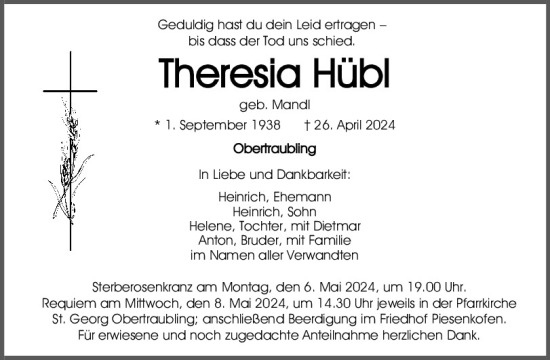 Traueranzeige von Theresia Hübl von Mittelbayerische Zeitung Regensburg