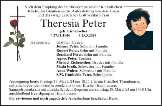 Traueranzeige von Theresia Peter von Mittelbayerische Zeitung Regensburg