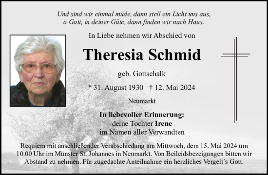 Traueranzeige von Theresia Schmid von Neumarkter Tagblatt