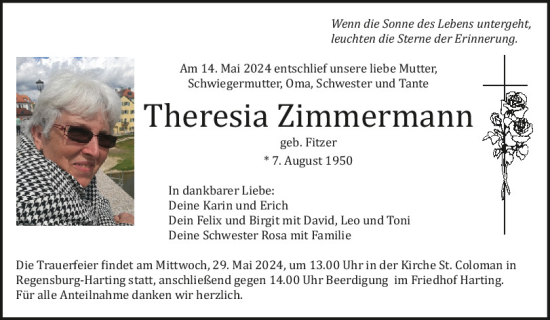 Traueranzeige von Theresia Zimmermann von Mittelbayerische Zeitung Regensburg