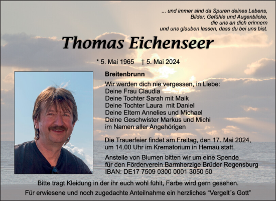 Traueranzeige von Thomas Eichenseer von Mittelbayerische Zeitung Regensburg
