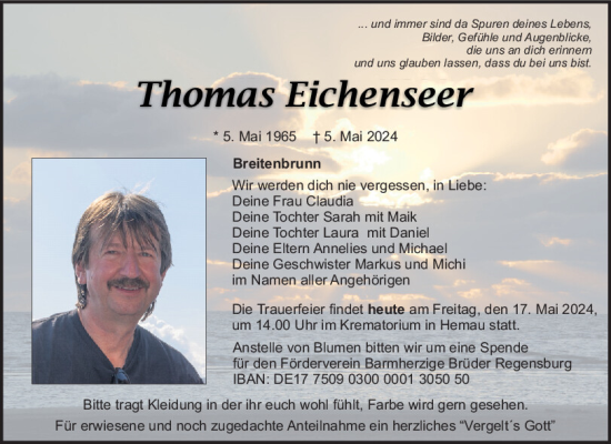 Traueranzeige von Thomas Eichenseer von Mittelbayerische Zeitung Kelheim