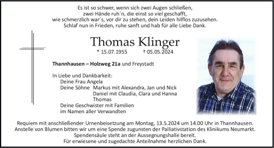 Traueranzeige von Thomas Klinger von Neumarkter Tagblatt