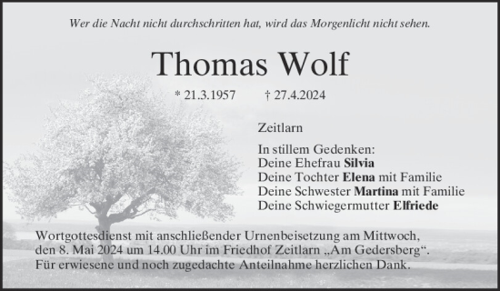 Traueranzeige von Thomas Wolf von Mittelbayerische Zeitung Regensburg