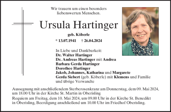 Traueranzeige von Ursula Hartinger von Mittelbayerische Zeitung Regensburg