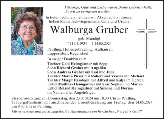 Traueranzeige von Walburga Gruber von Mittelbayerische Zeitung Regensburg