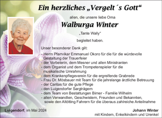 Traueranzeige von Walburga Winter von Mittelbayerische Zeitung Schwandorf