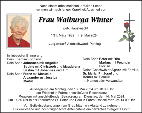 Traueranzeige von Walburga Winter von Mittelbayerische Zeitung Schwandorf