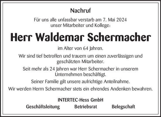 Traueranzeige von Waldemar Schermacher von Mittelbayerische Zeitung Kelheim