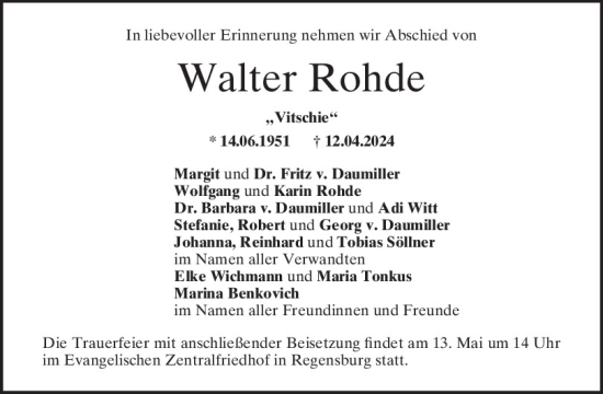 Traueranzeige von Walter Rohde von Mittelbayerische Zeitung Regensburg