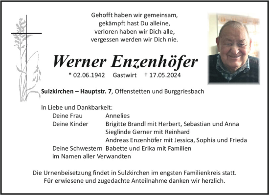 Traueranzeige von Werner Enzenhöfer von Neumarkter Tagblatt