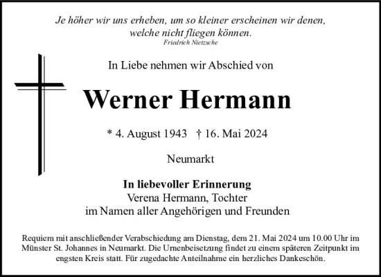 Traueranzeige von Werner Hermann von Neumarkter Tagblatt