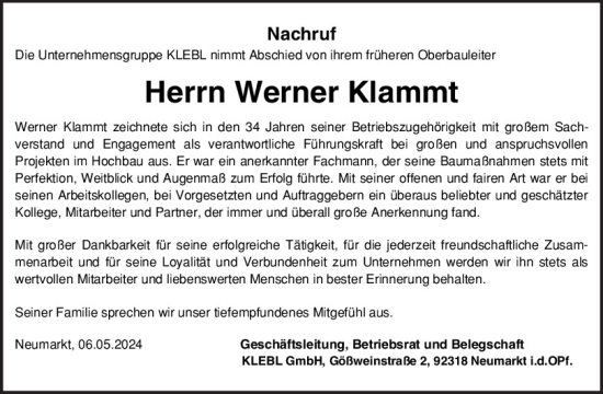 Traueranzeige von Werner Klammt von Neumarkter Tagblatt