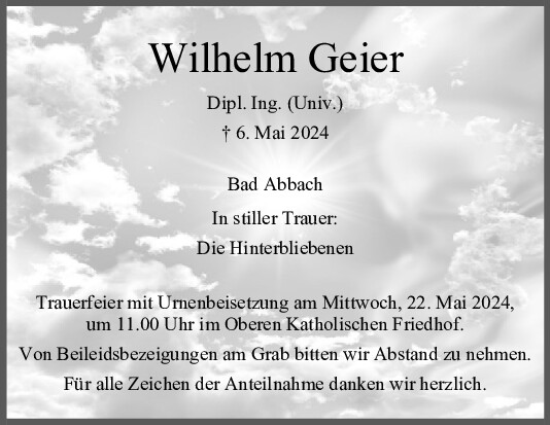 Traueranzeige von Wilhelm Geier von Mittelbayerische Zeitung Regensburg