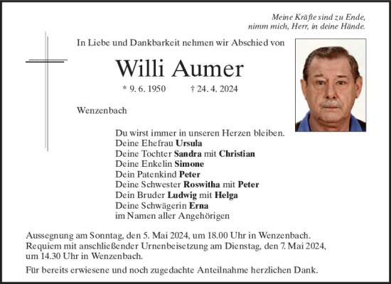 Traueranzeige von Willi Aumer von Mittelbayerische Zeitung Regensburg