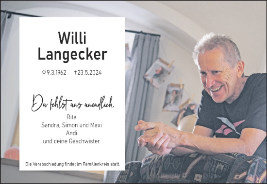 Traueranzeige von Willi Langecker von Mittelbayerische Zeitung Kelheim